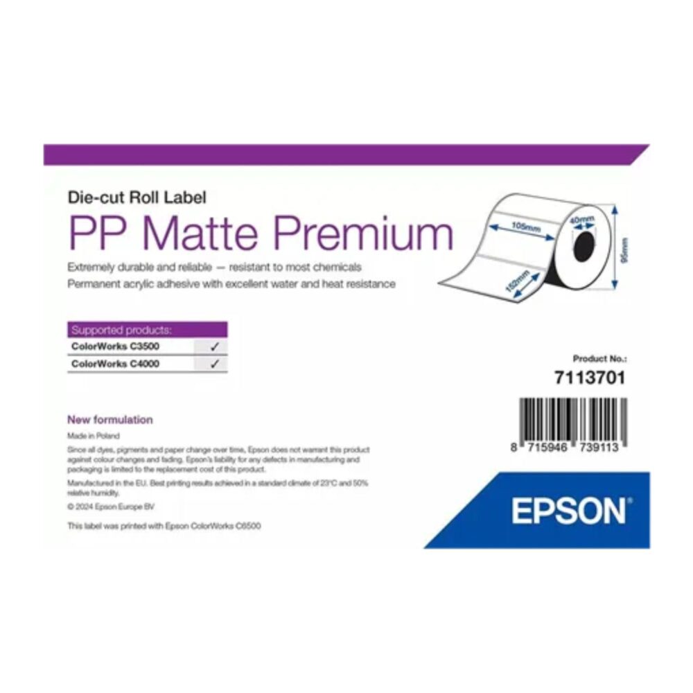 Etichete sintetice PP Matte Label Premium 105x152 mm, 185 etichete/rolă, miez 40 mm Epson 7113701