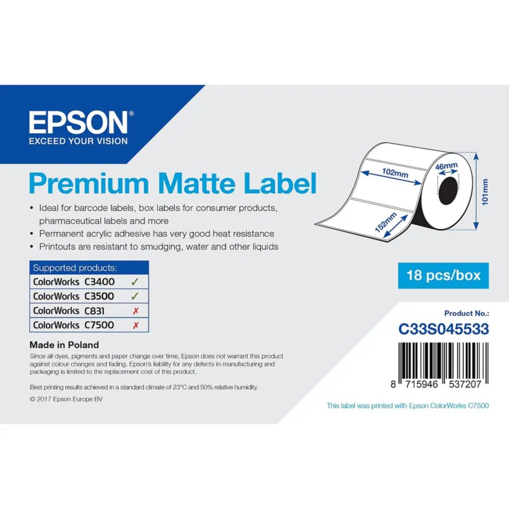Rolă etichete Premium Matte 102 x 152 mm (225 etichete) ColorWorks C3500 Epson C33S045533