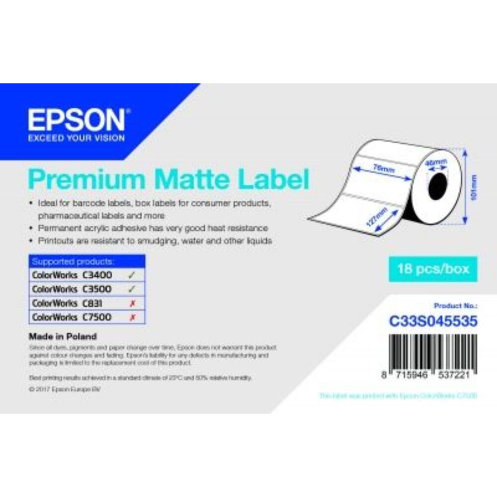 Rolă etichete Premium Matte 76 x 127 mm (265 etichete) ColorWorks C3500 Epson C33S045535