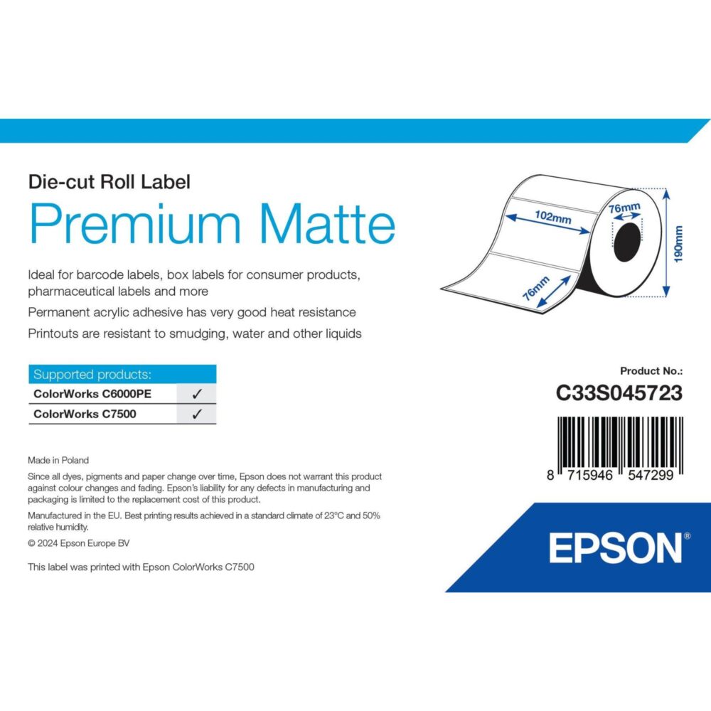 Etichete hârtie Premium Matte 102 mm x 60 m, rolă continuă, miez 76 mm Epson C33S045741