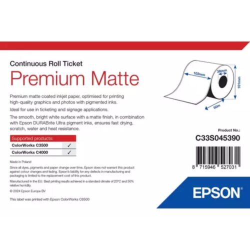 Rolă ticket Inkjet Matt Coated 85 mm x 32 m (Ø90 mm) ColorWorks C3500 Epson C33S045390