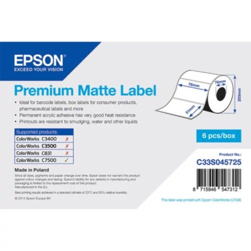 Etichete hârtie Premium Matte 76x51 mm, 2310 etichete/rolă, miez 76 mm Epson C33S045725