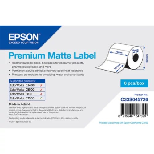 Etichete hârtie Premium Matte 76x127 mm, 960 etichete/rolă, miez 76 mm Epson C33S045726
