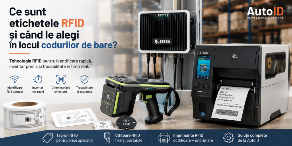 Ce sunt etichetele RFID și când le alegi în locul codurilor de bare? Etichete RFID, cititor RFID fix, terminal RFID portabil și imprimantă RFID pentru inventar, depozit și trasabilitate