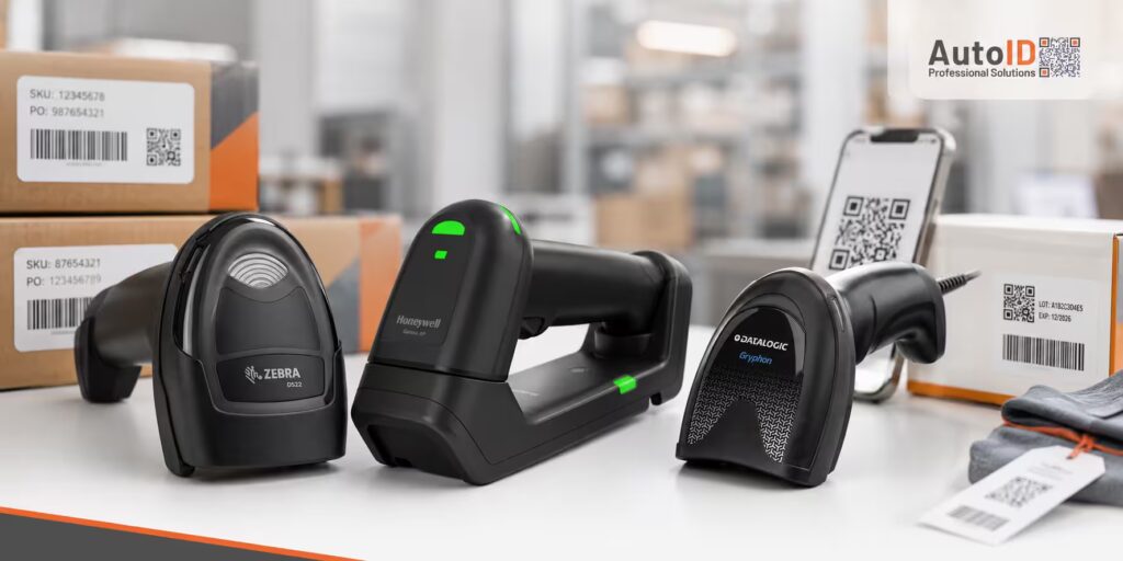 Cititoare coduri de bare 1D și 2D pentru retail, depozit și producție, cu modele Zebra, Honeywell și Datalogic