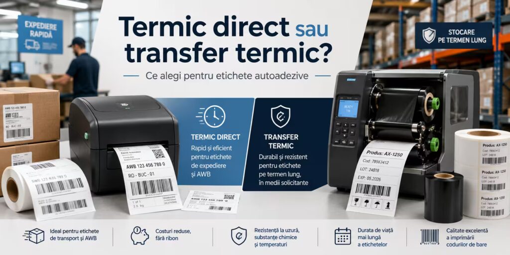 Imprimantă termică directă sau transfer termic: ce alegi pentru etichete autoadezive? Imprimantă termică directă și imprimantă cu transfer termic pentru etichete autoadezive, AWB-uri și coduri de bare