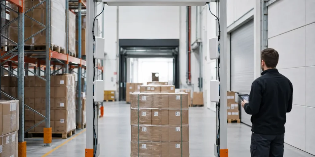 Antenă RFID liniară sau circulară: cum alegi polarizarea, câștigul și distanța de citire Portal de depozit cu antene RFID pentru citirea unui palet etichetat