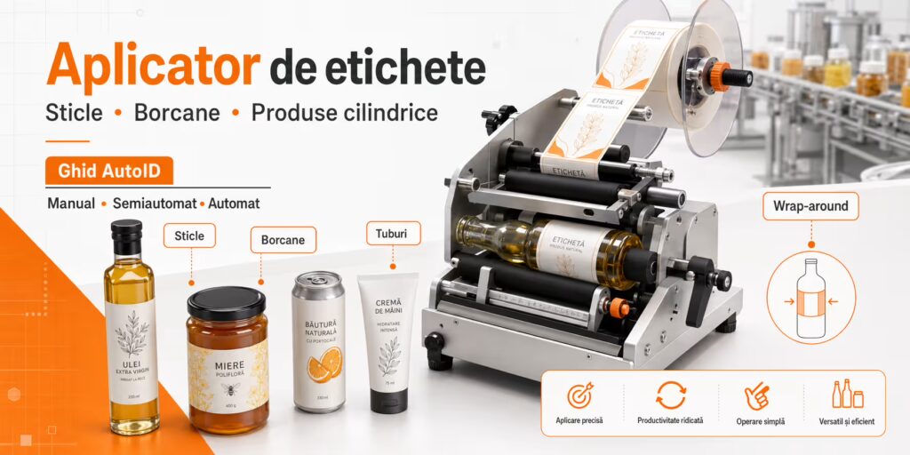 Aplicator de etichete pentru sticle borcane tuburi și produse cilindrice
