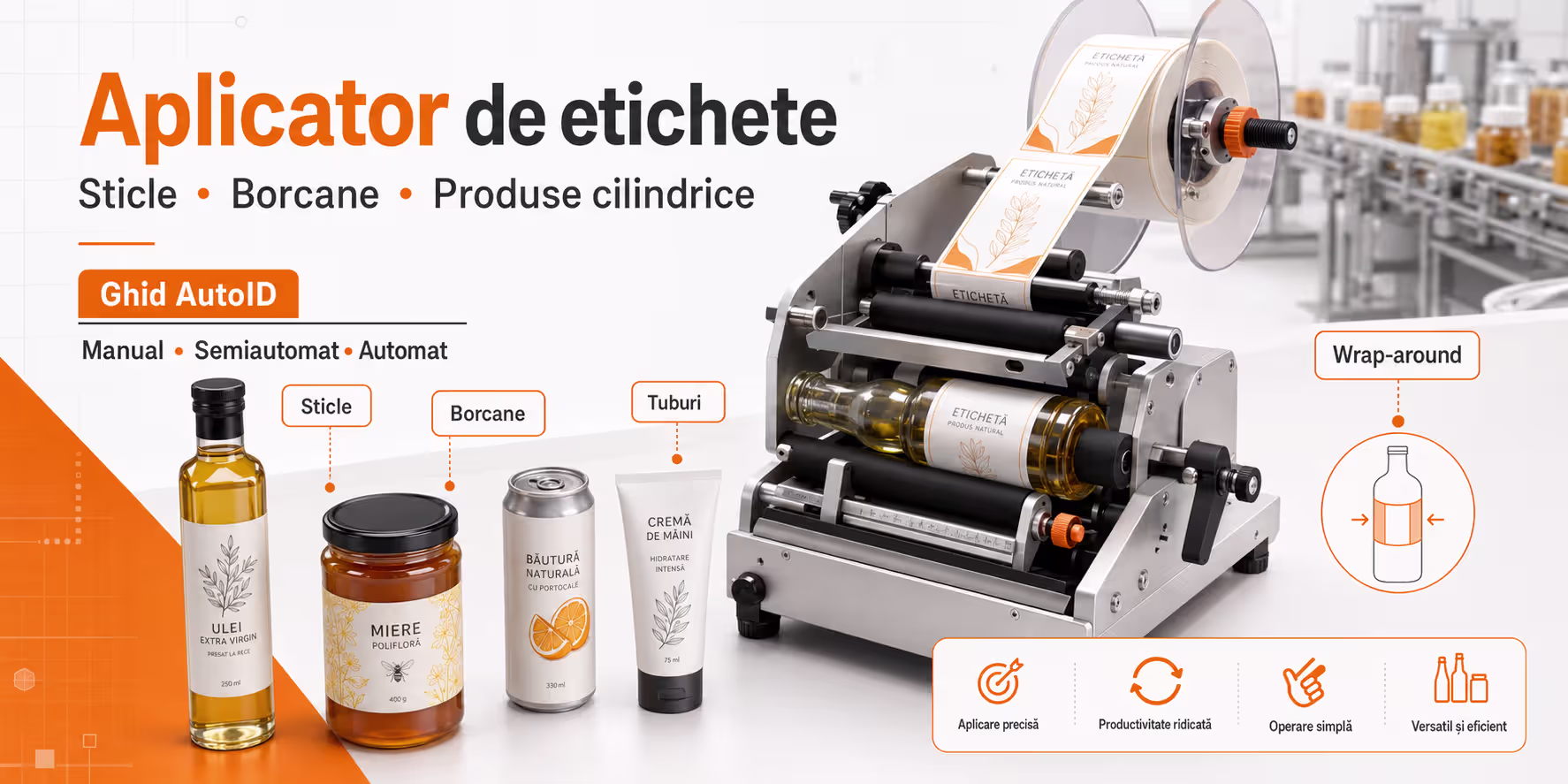 Aplicator de etichete pentru sticle borcane tuburi și produse cilindrice