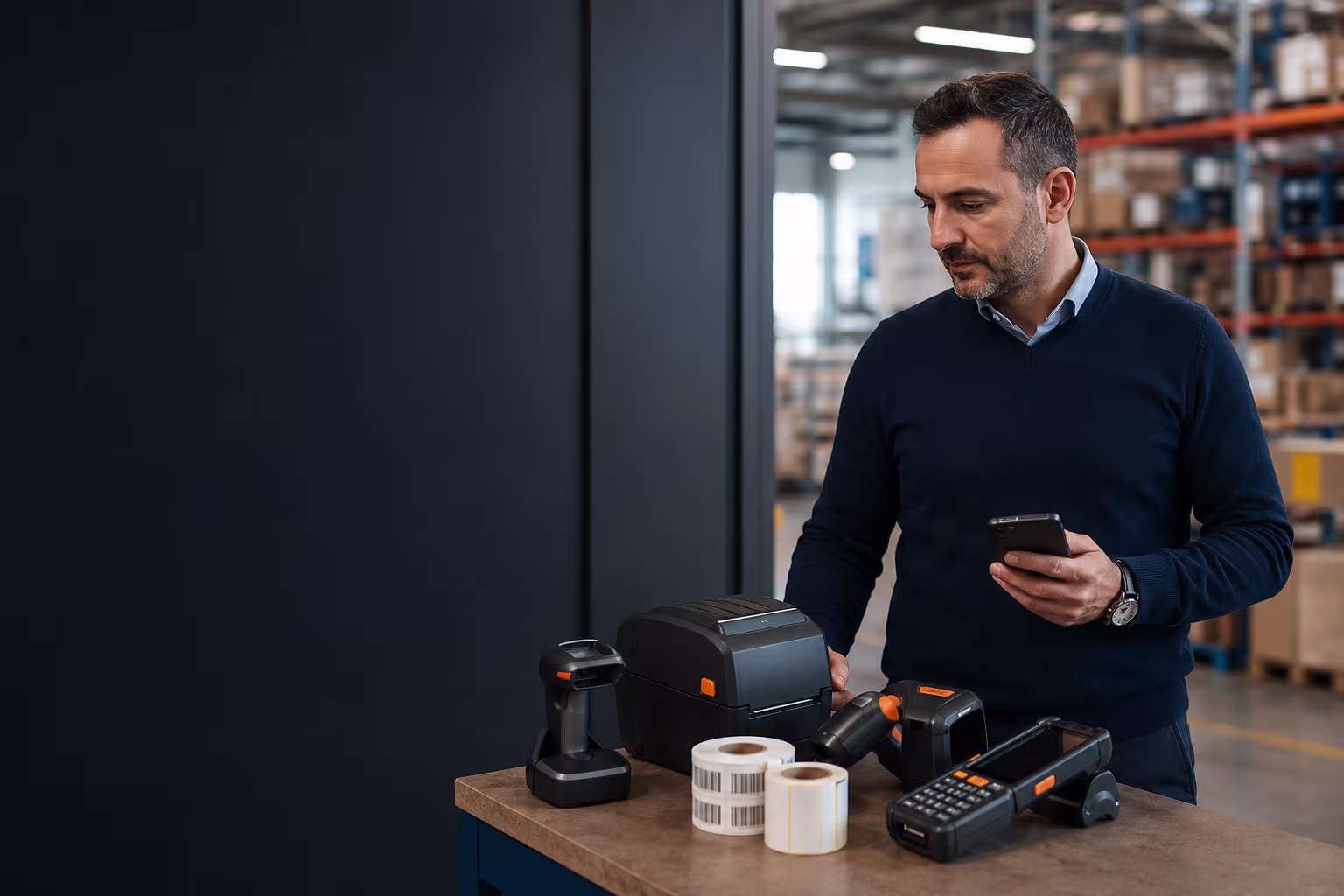 Comenzi pe WhatsApp Responsabil de achiziții pregătind pe telefon o solicitare pentru echipamente AutoID