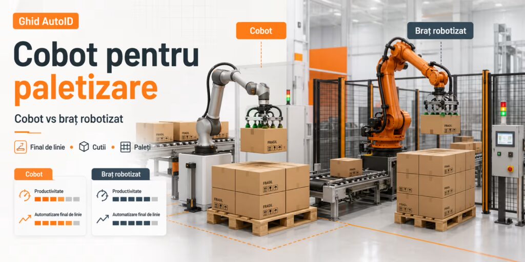 Cobot pentru paletizare vs braț robotizat la final de linie cu cutii și paleți