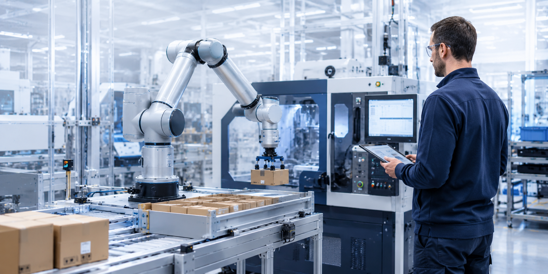 Automatizare cu roboți colaborativi în producție și logistică Cobot folosit în producție pentru alimentare utilaje și pick and place