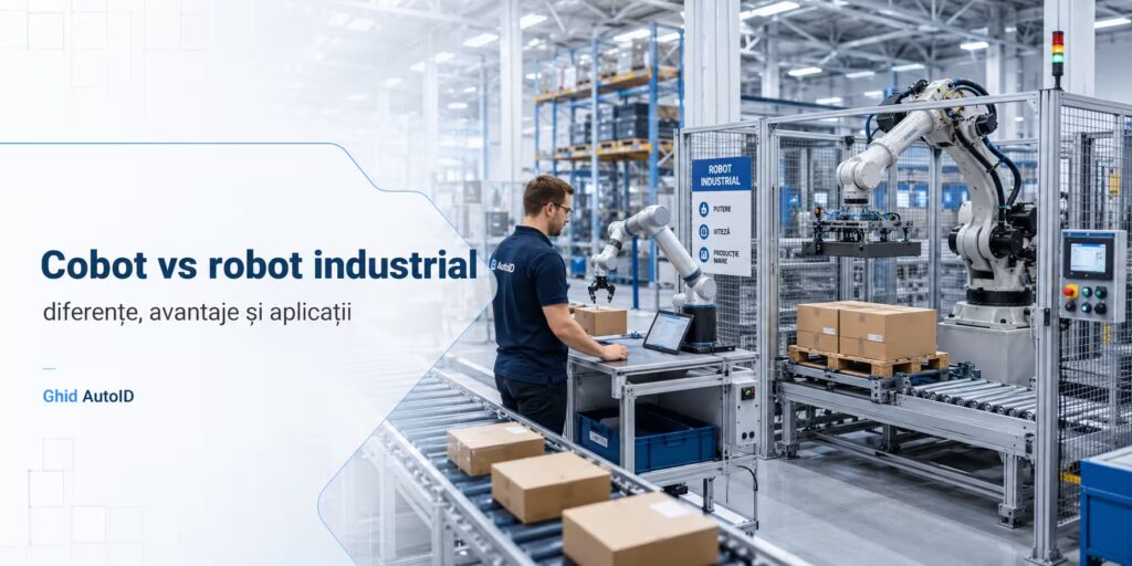 Cobot vs robot industrial: diferențe, avantaje și aplicații Comparație între cobot și robot industrial într-o hală de producție automatizată