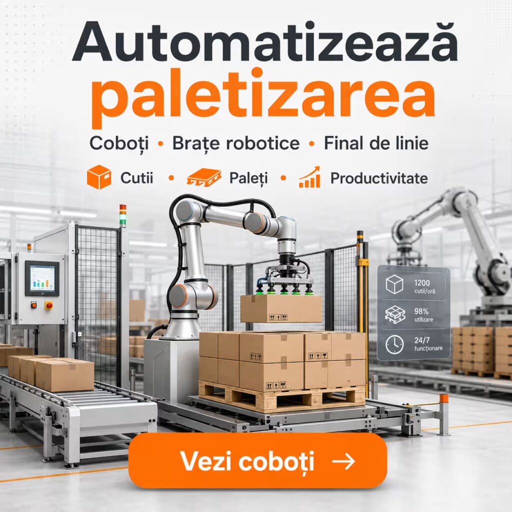 Automatizează paletizarea cu coboți brațe robotice și soluții pentru final de linie