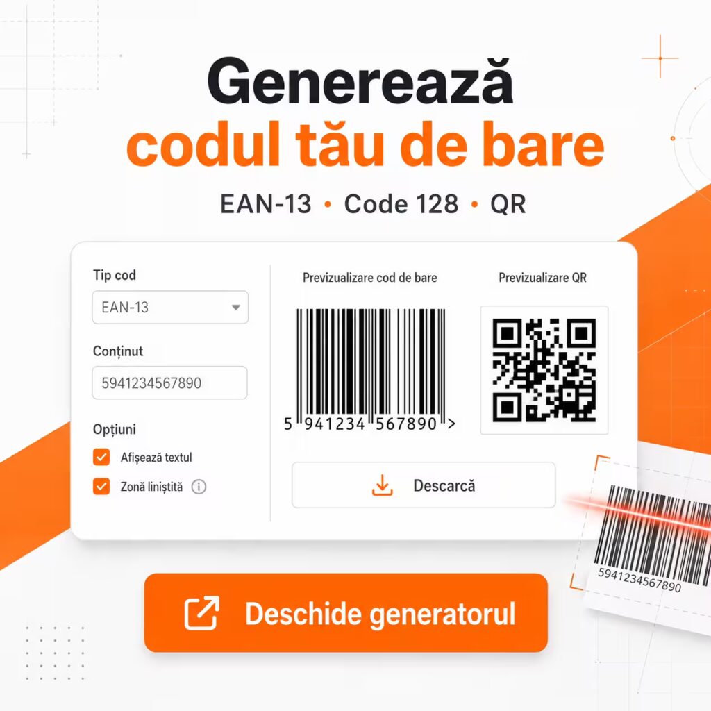 Tipuri de coduri de bare: ghid complet pentru 1D, 2D, QR, EAN-13 și Code 128 Generator cod de bare AutoID pentru EAN-13, Code 128 și QR
