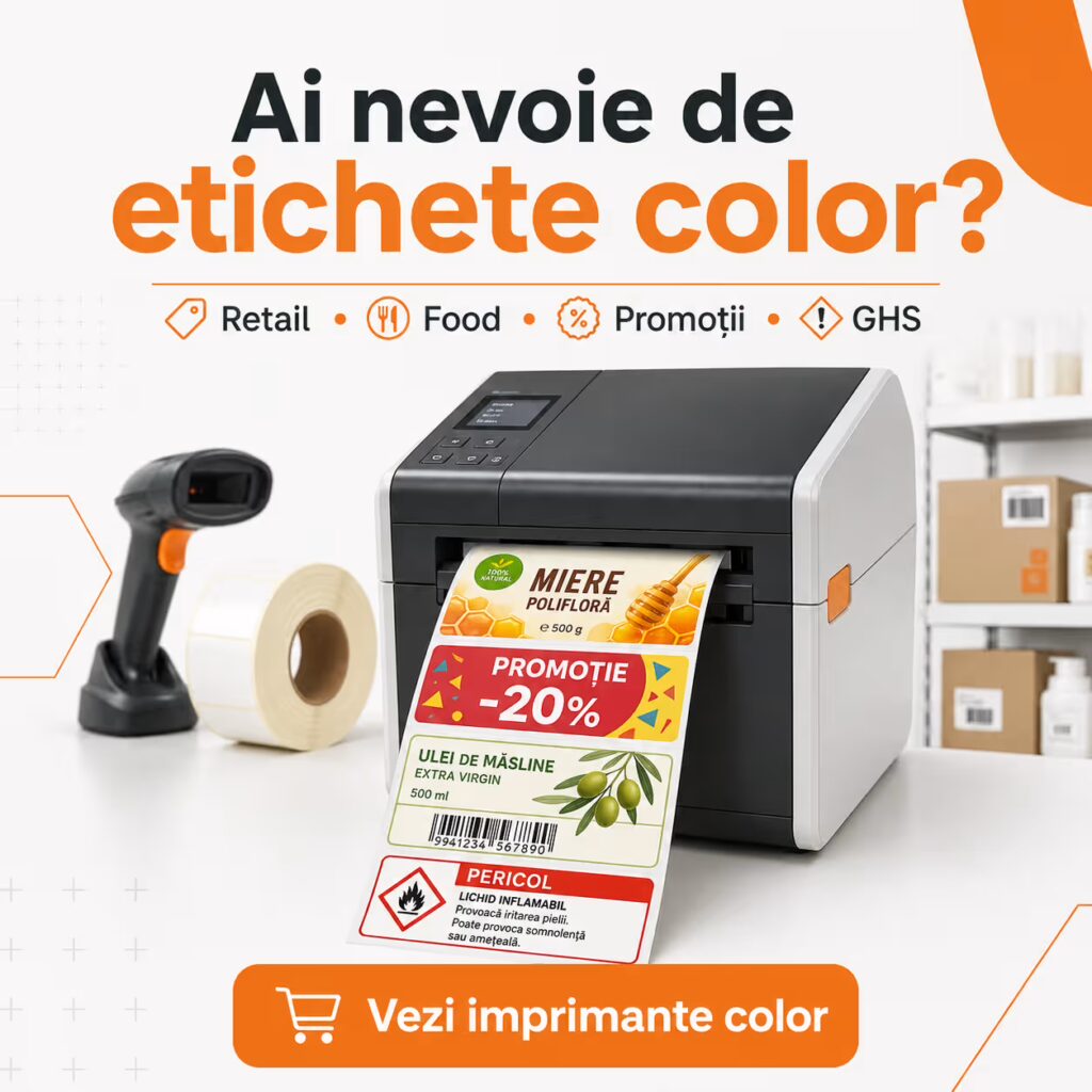 Imprimantă etichete color vs termică: când ai nevoie de etichete color Ai nevoie de etichete color pentru retail, food, promoții și GHS