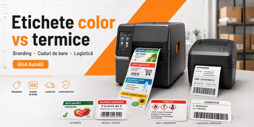 Imprimantă etichete color vs termică: când ai nevoie de etichete color Imprimantă de etichete color vs imprimantă termică pentru branding, coduri de bare și logistică