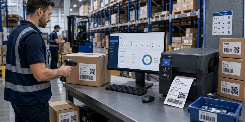 Cum alegi o imprimantă de etichete pentru depozit Alt text: Imprimantă de etichete pentru depozit conectată la sistem WMS și flux logistic
