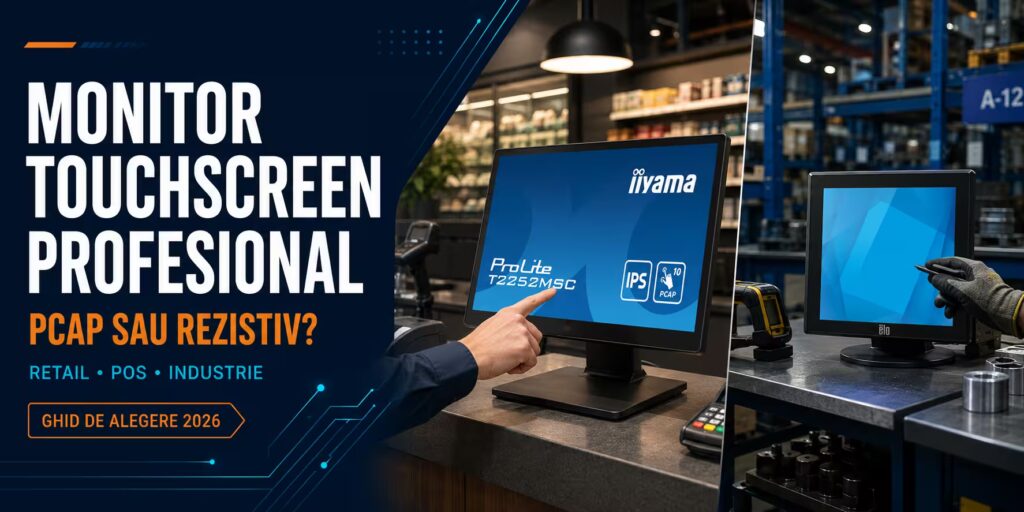 Monitor touchscreen profesional: PCAP sau rezistiv? Ghid de alegere pentru retail, POS și industrie Comparație între un monitor touchscreen PCAP pentru retail și un monitor rezistiv pentru industrie