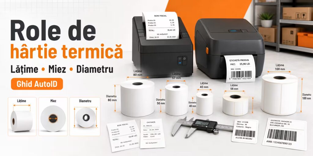 Role de hârtie termică pentru bonuri și etichete cu dimensiuni lățime miez diametru
