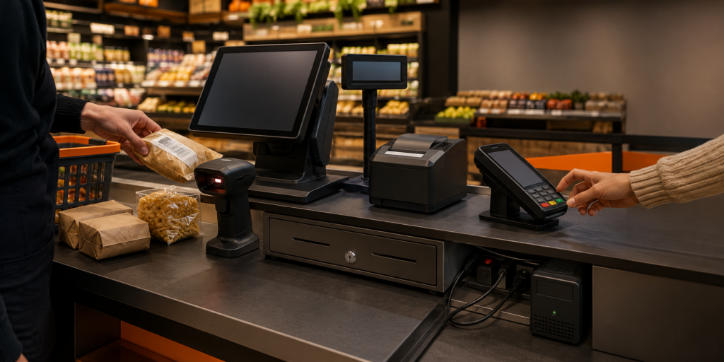 Sistem POS complet pentru magazin cu ecran tactil scanner imprimantă fiscală sertar și terminal de plată