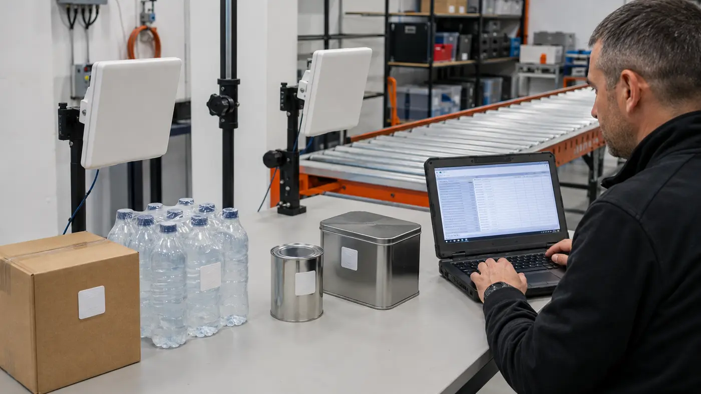 Antenă RFID liniară sau circulară: cum alegi polarizarea, câștigul și distanța de citire Testarea unei antene RFID cu taguri pe carton, recipiente cu lichid și ambalaje metalice