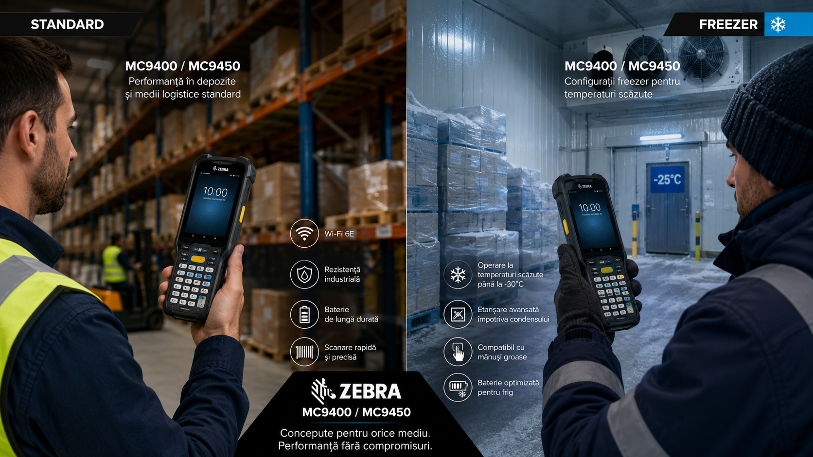 Zebra MC9400 vs MC9450 – Diferențe și Configurații Zebra MC9400 și MC9450 în configurații standard și freezer