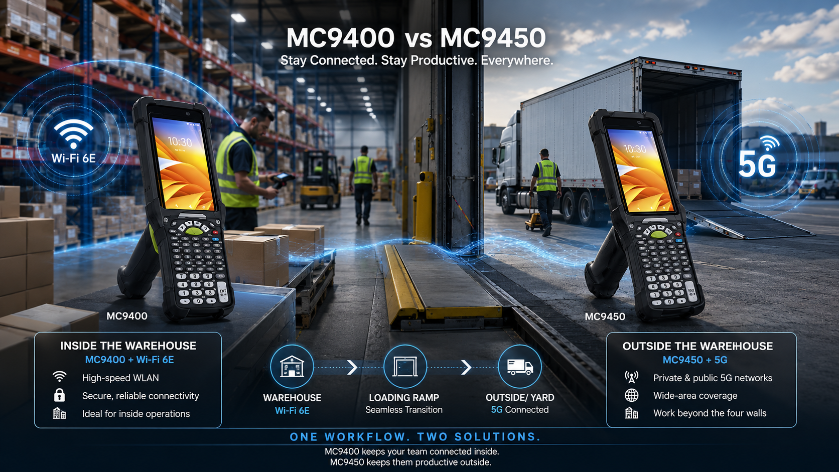 Zebra MC9400 versus MC9450 într-un depozit și o curte logistică